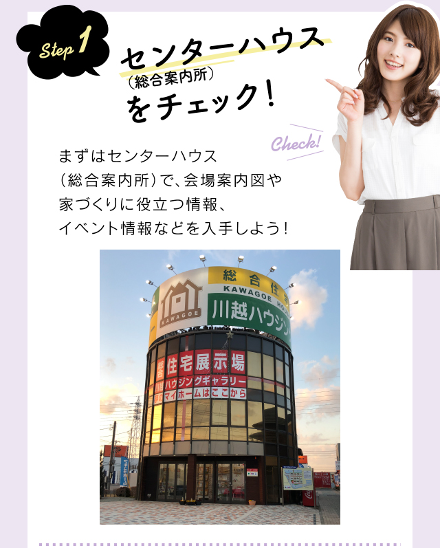 step 1 インフォメーション(総合案内所)をチェック!まずはインフォメーション(総合案内所)で、会場案内図や家づくりに役立つ情報、イベント情報などを入手しよう!