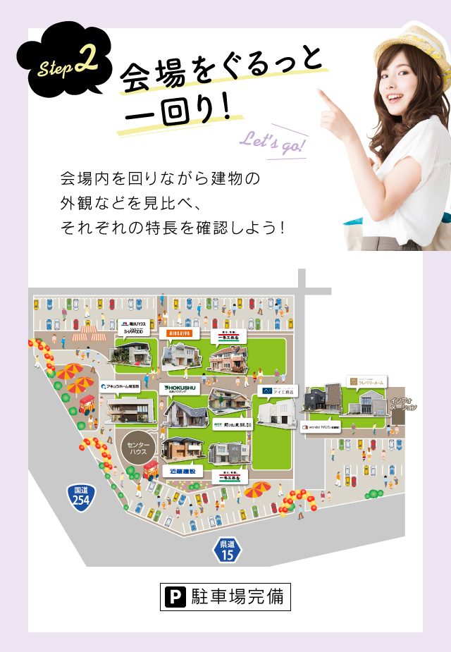 step2 会場をぐるっと一回り!会場内を回りながら建物の外観などを見比べ、それぞれの特長を確認しよう!駐車場完備