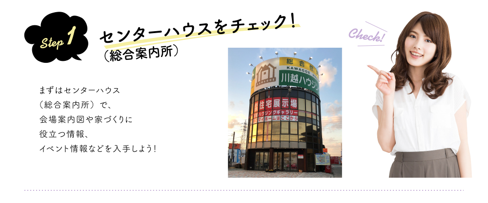 step 1 センターハウス(総合案内所)をチェック!まずはセンターハウス(総合案内所)で、会場案内図や家づくりに役立つ情報、イベント情報などを入手しよう!