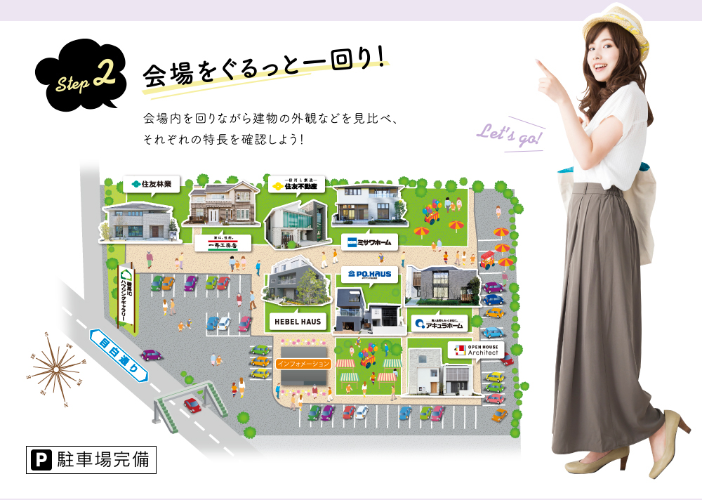 step2 会場をぐるっと一回り!会場内を回りながら建物の外観などを見比べ、それぞれの特長を確認しよう!駐車場完備